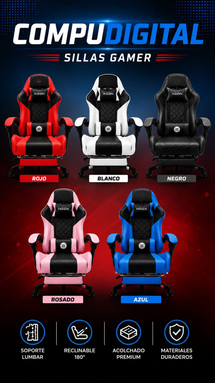 SILLA GAMER XION TITAN ROJO AZUL ROSADO NEGRO BLANCO