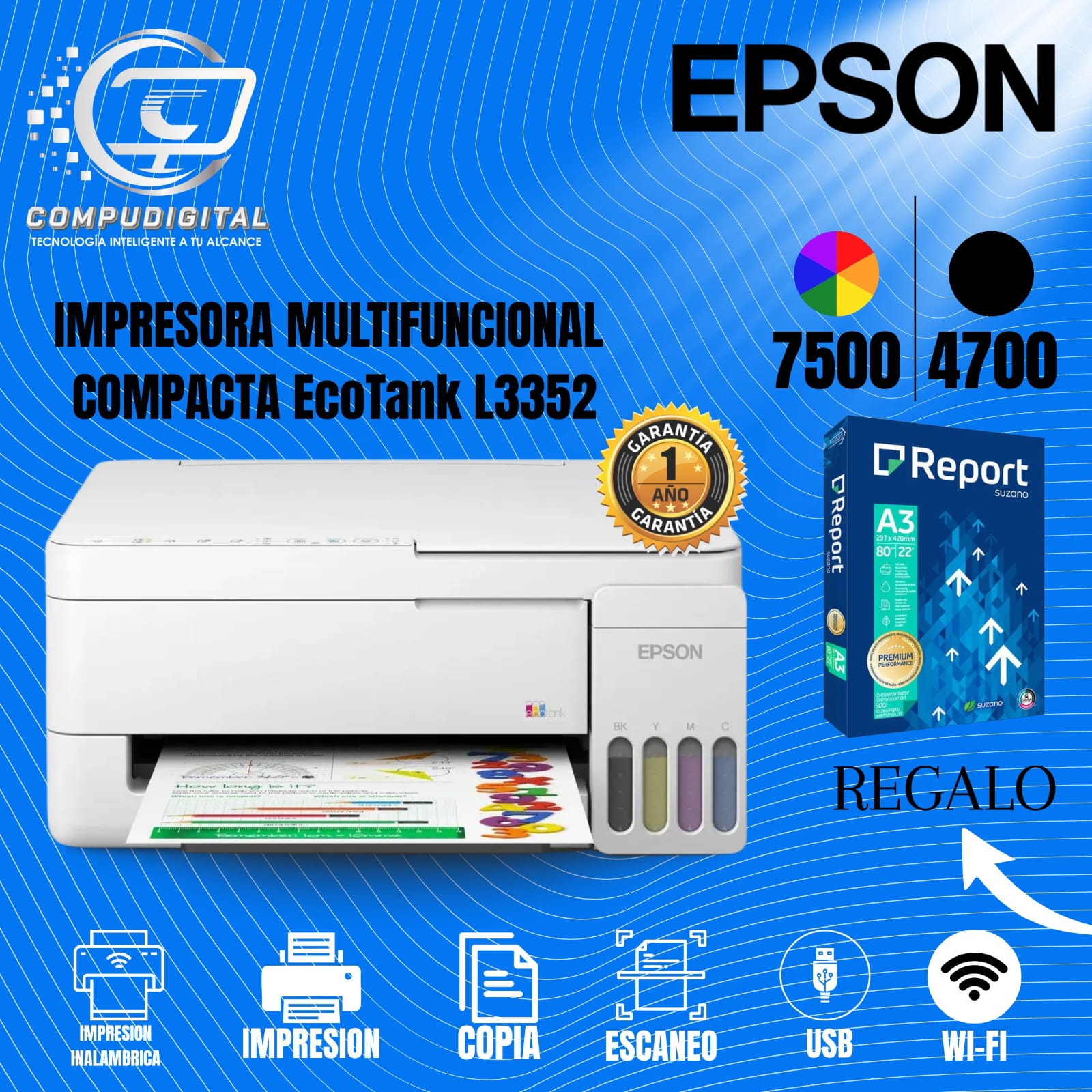 IMPRESORA MULTIFUNCIONAL EPSON L3352 IMPRESION COPIA ESCANEO WIFI 