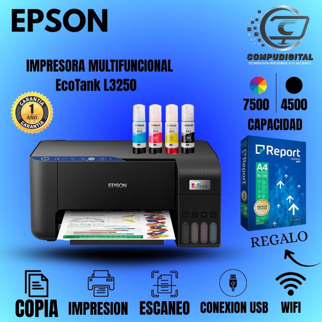 IMPRESORA EPSON MULTIFUNCIONAL INALAMBRICA ECOTANK L3250 SEMINUEVA IMPRESIÓN ESCANER COPIAS  USB WIFI