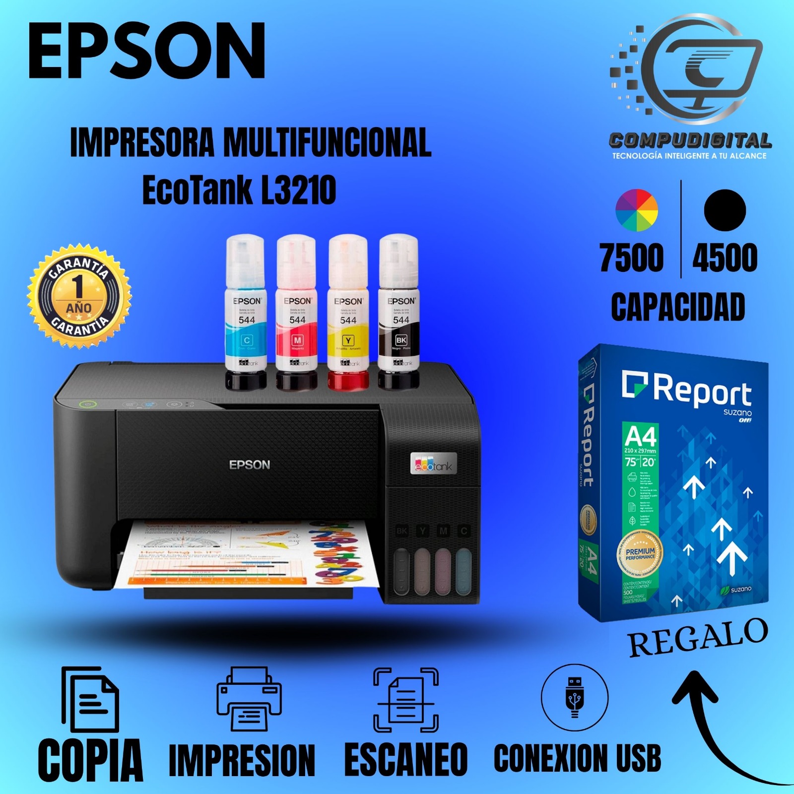  IMPRESORA EPSON L3210 IMPRIME ESCANEA COPIA COLOR BLANCO Y NEGRO CONEXIÓN USB