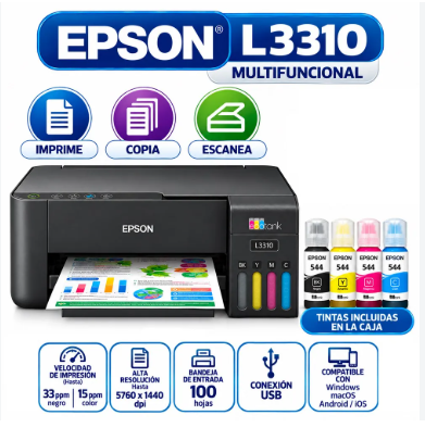 IMPRESORA MULTIFUNCIONAL EPSON ECOTANK L3310 IMPRESION COPIA ESCANEO 
