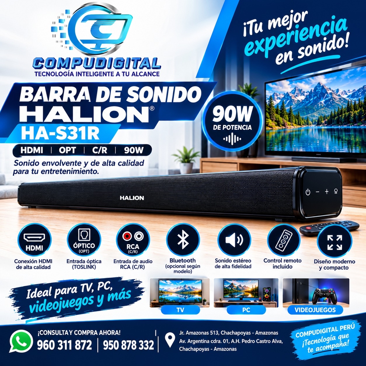 BARRA DE SONIDO HALION HA-S31R, HDMI,OPT,C/R 90W