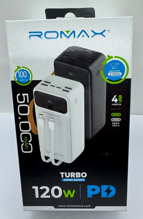 CARGADOR PORTÁTIL ROMAX 50000 MAH 120W SUPER CARGA RÁPIDA TIPO C