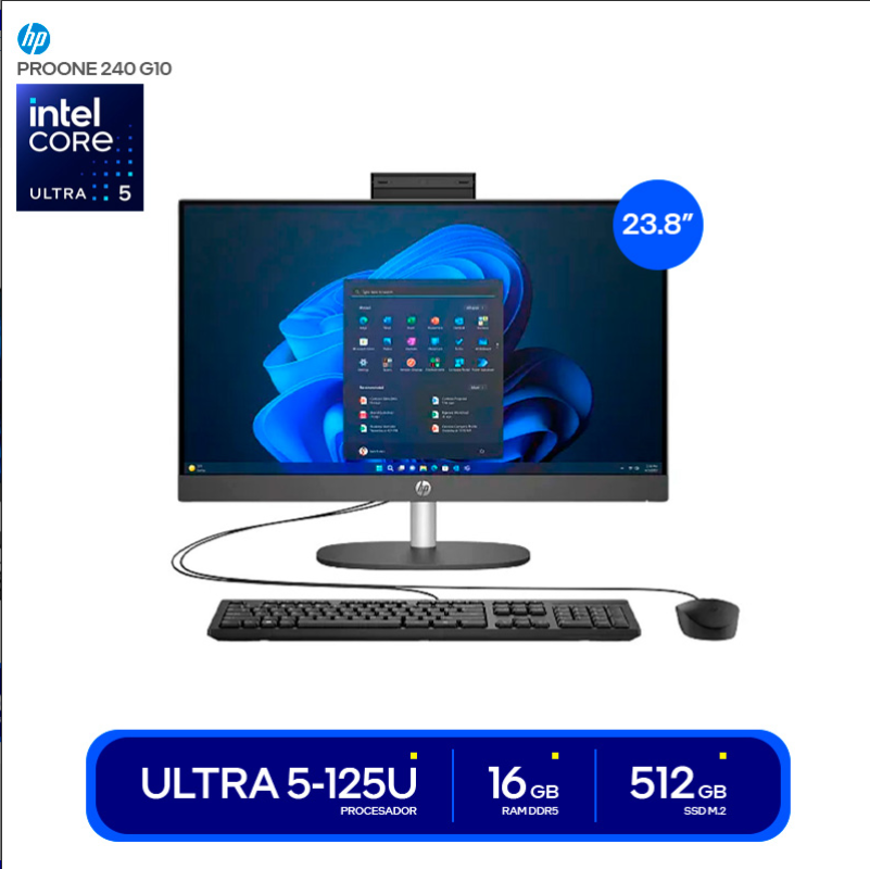 COMPUTADORA ALL IN ONE HP PROONE 240 G10 ULTRA 5-125U RAM 16GB DDR5 SSD 512GB M.2 PANTALLA 23.8 FHD WINDOWS 11