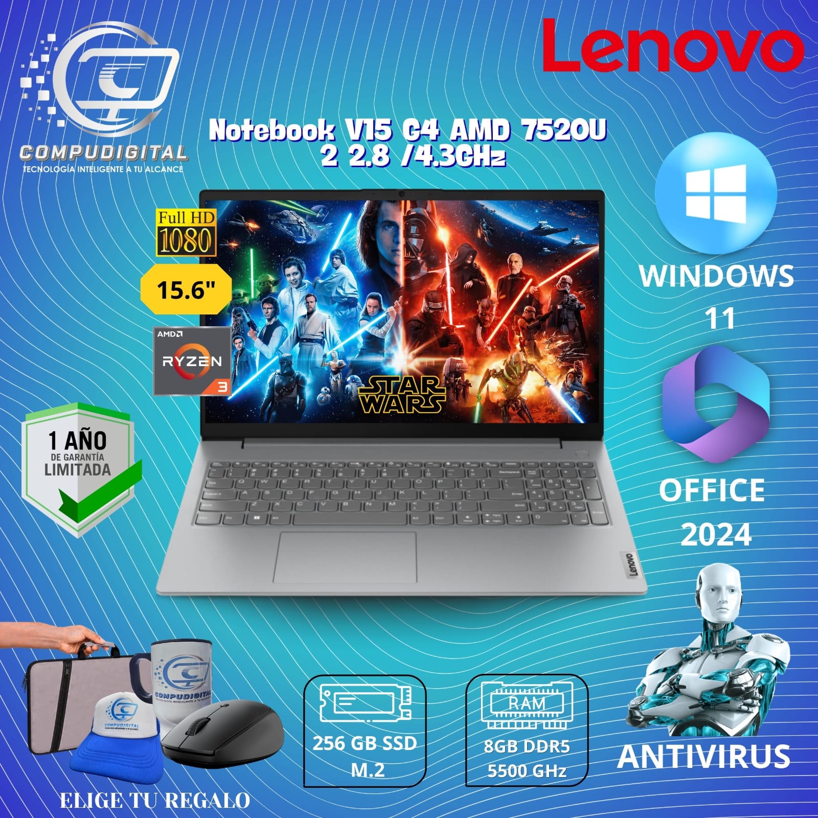 LAPTOP LENOVO AMD RYZEN 3 7320U V15 G4 AMN RAM 8GB DDR5 SSD 256GB M.2 PANTALLA 15.6 FHD WINDOWS 11