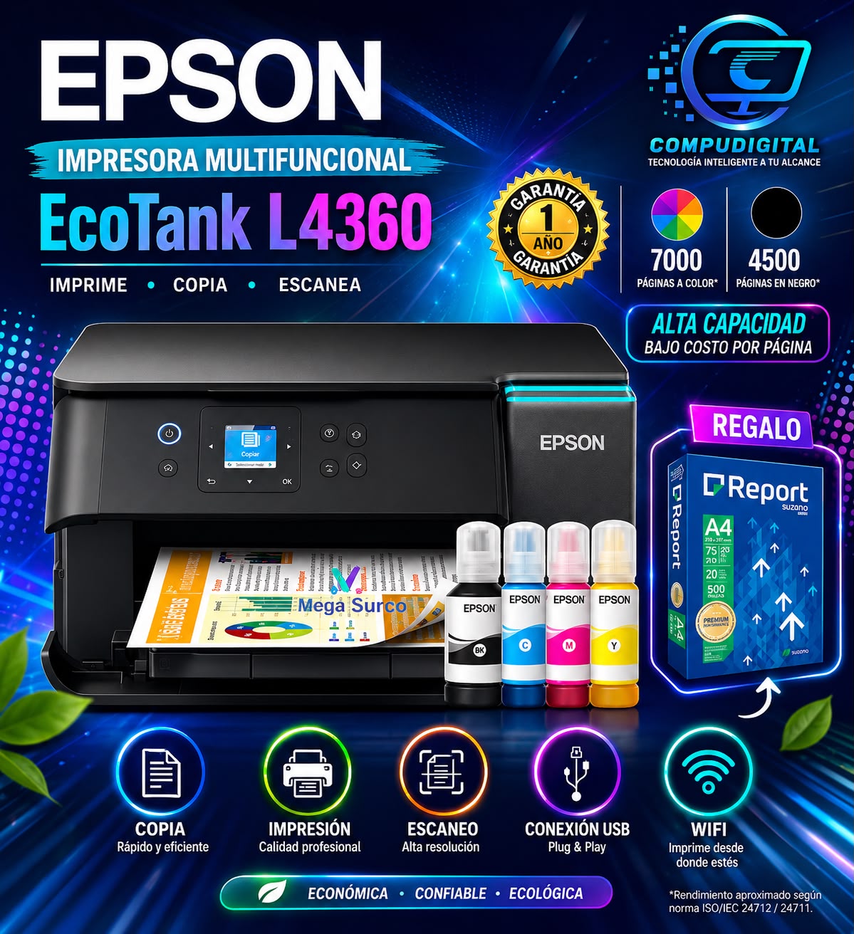 IMPRESORA MULTIFUNCIONAL EPSON L4360 IMPRIME ESCANEA COPIAS DUPLEX CONEXIÓN INALÁMBRICA