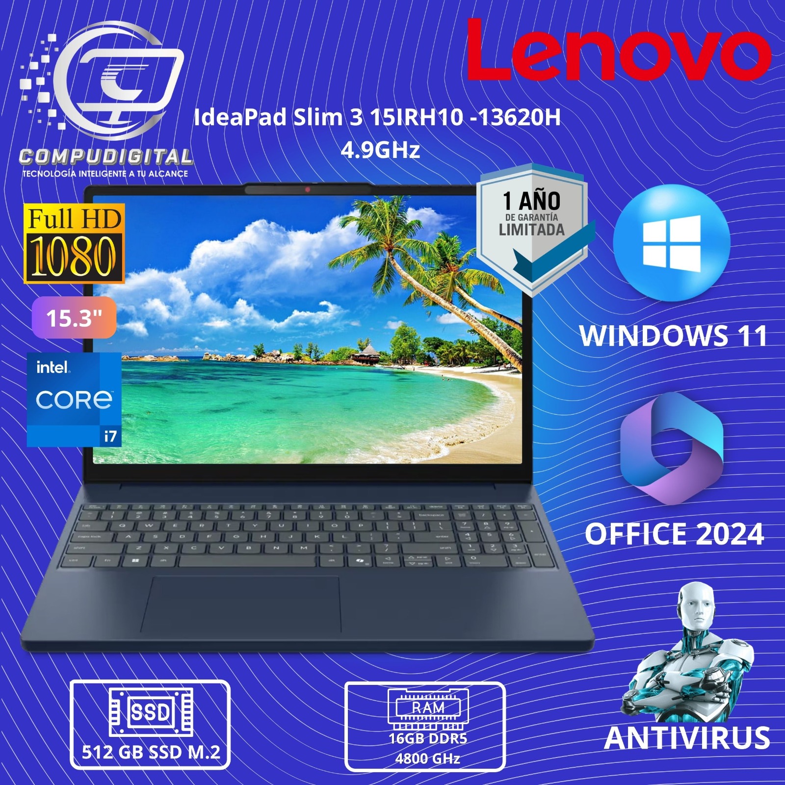 LAPTOP LENOVO IDEAPAD SLIM 3 15IRH10 INTEL i7 13620H 4.9 GHZ RAM 16GB DDR5 SSD 512GB M.2 PANTALLA 15.3 WUXGA TS WINDOWS 11