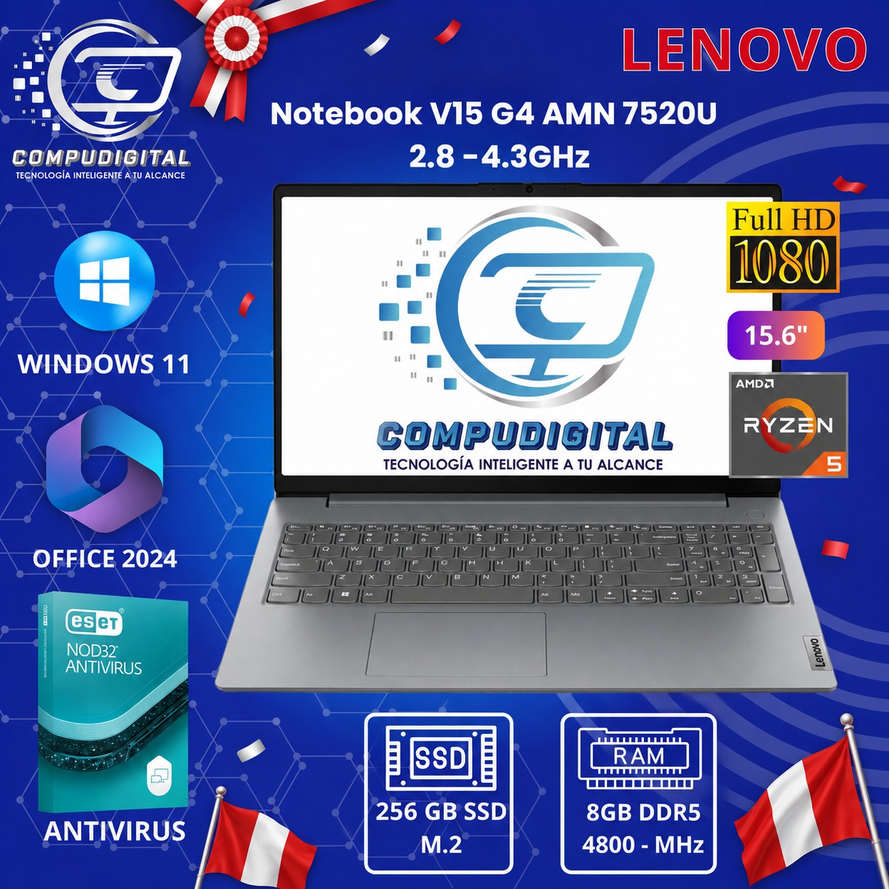 LAPTOP LENOVO AMD RYZEN 5  7520U V15 G4 AMN MEMORIA  RAM 8GB SSD 256GB M.2  PANTALLA 15.6 FHD WINDOWS 11
