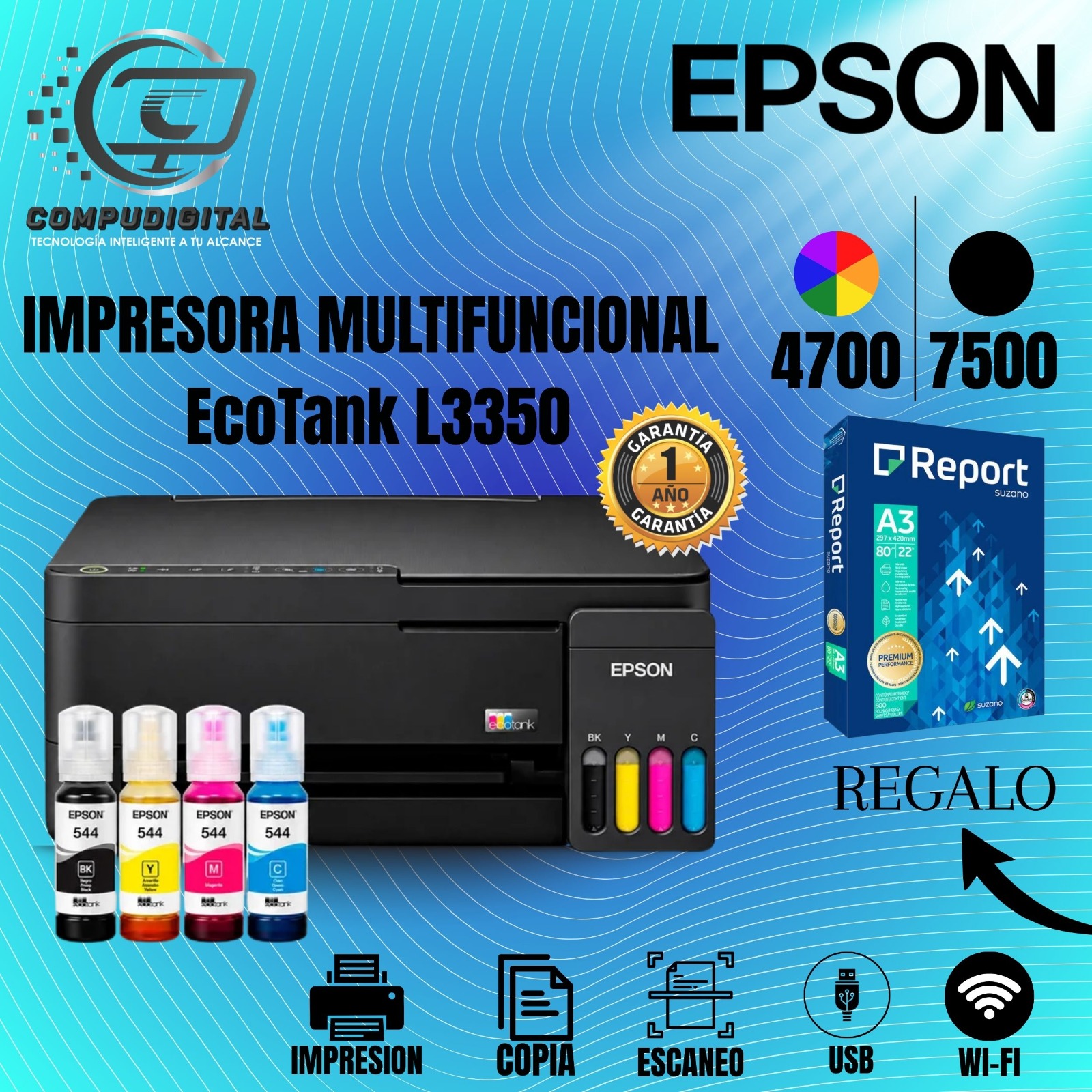 IMPRESORA MULTIFUNCIONAL EPSON ECOTANK L3350 COPIA IMPRESION ESCANEO WIFI USB 